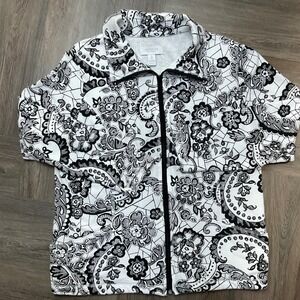 Weekends‎ by Chicos Floral Paisley Jacket Womens 3 XL Black White Full Zip Boho